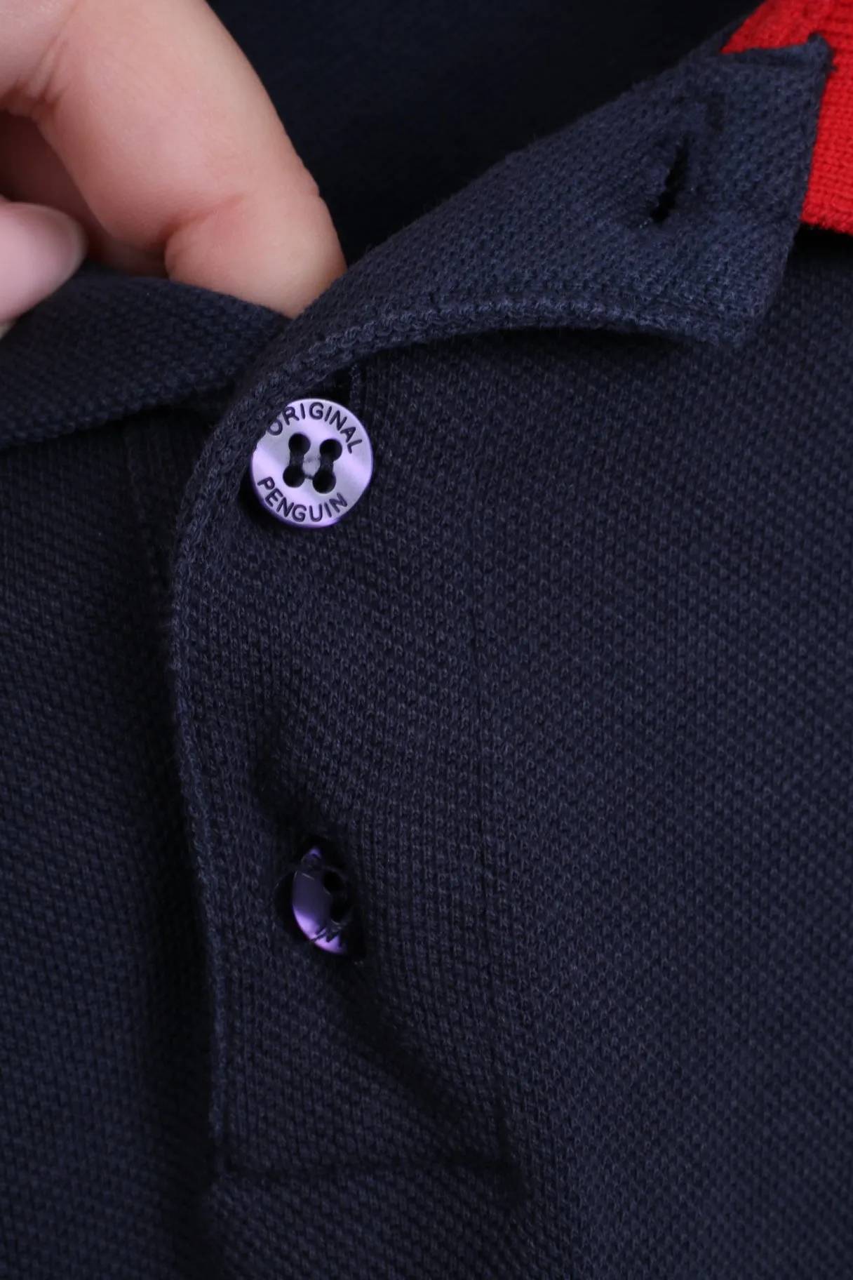 Penguin Mens XL Polo Shirt Navy Cotton Red Collar Detailed Buttons