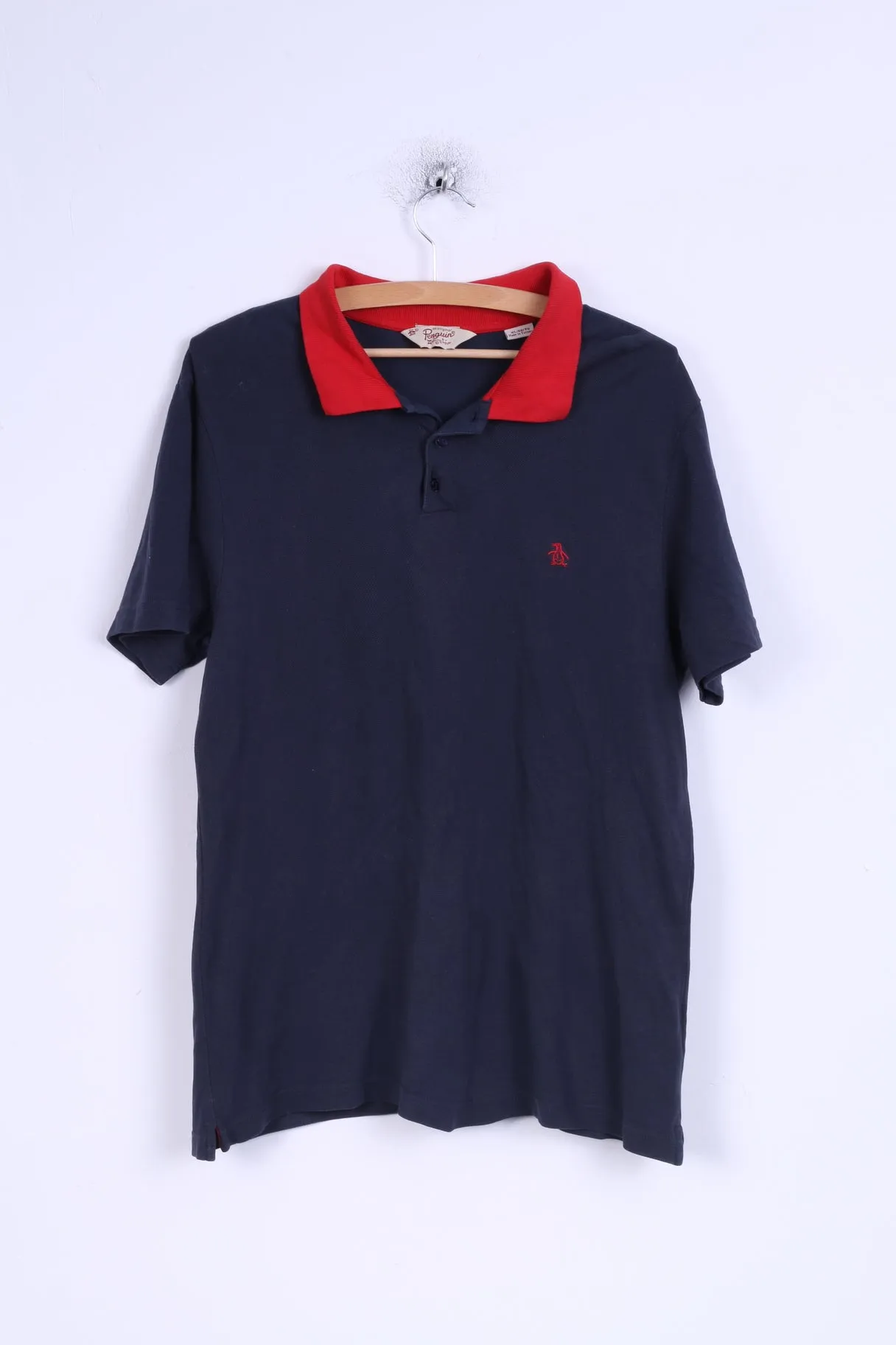 Penguin Mens XL Polo Shirt Navy Cotton Red Collar Detailed Buttons