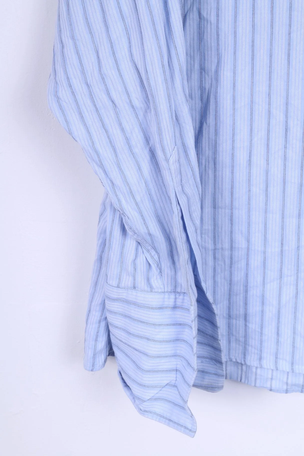 Pierre Cardin Mens 17 43 XL Casual Shirt Blue Cuffs Striped Cotton Detailed Buttons