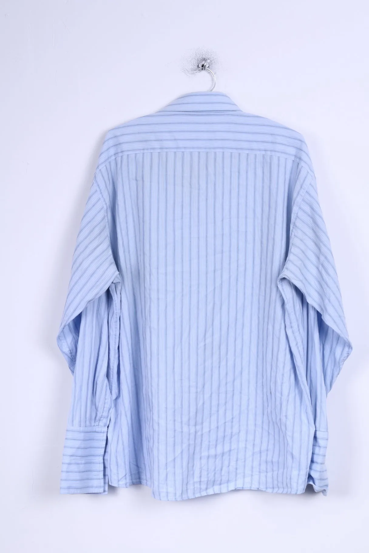 Pierre Cardin Mens 17 43 XL Casual Shirt Blue Cuffs Striped Cotton Detailed Buttons