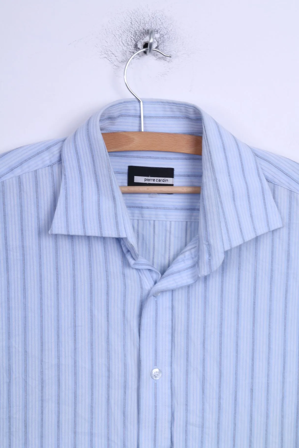 Pierre Cardin Mens 17 43 XL Casual Shirt Blue Cuffs Striped Cotton Detailed Buttons