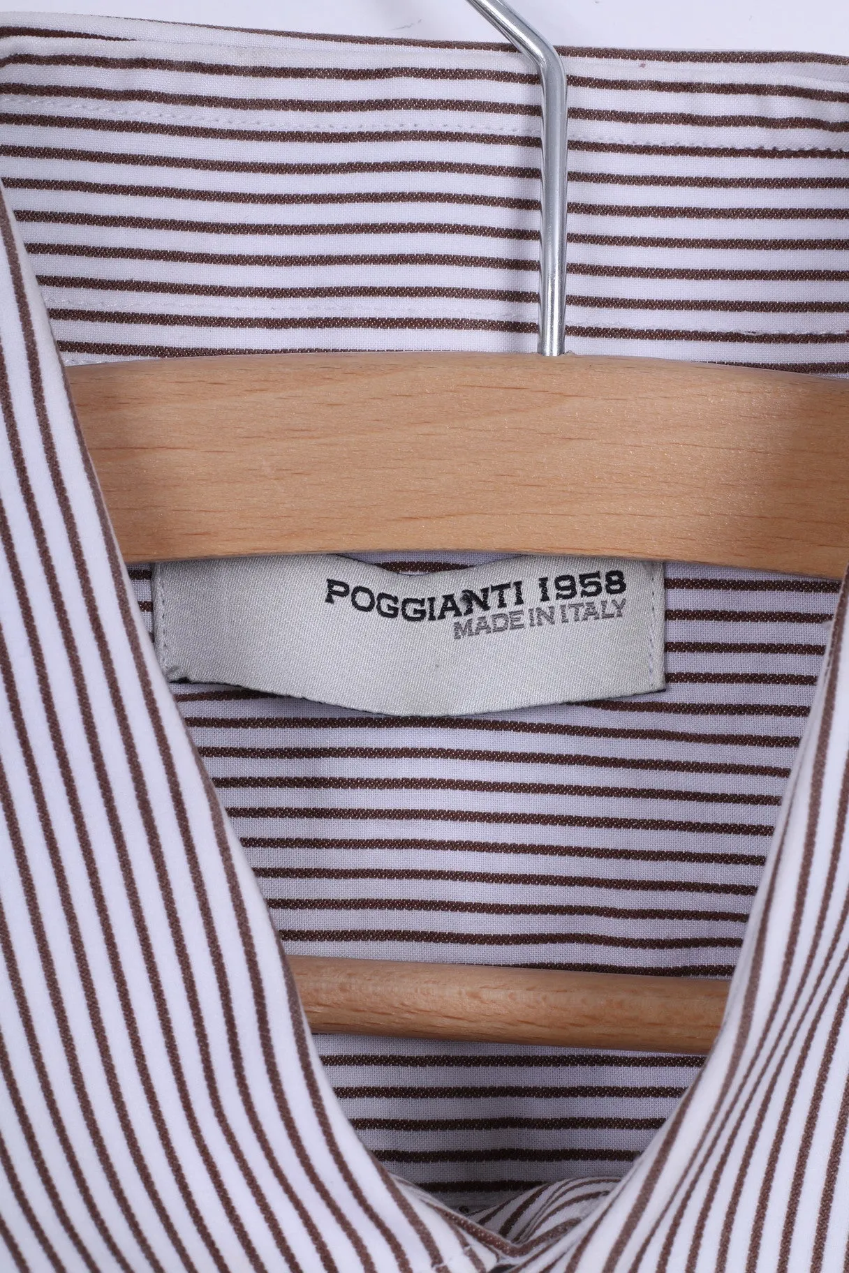 Poggianti Mens 39 15.5 M Casual Shirt White Brown Striped Cotton Italy Detailed Buttons Long Sleeve