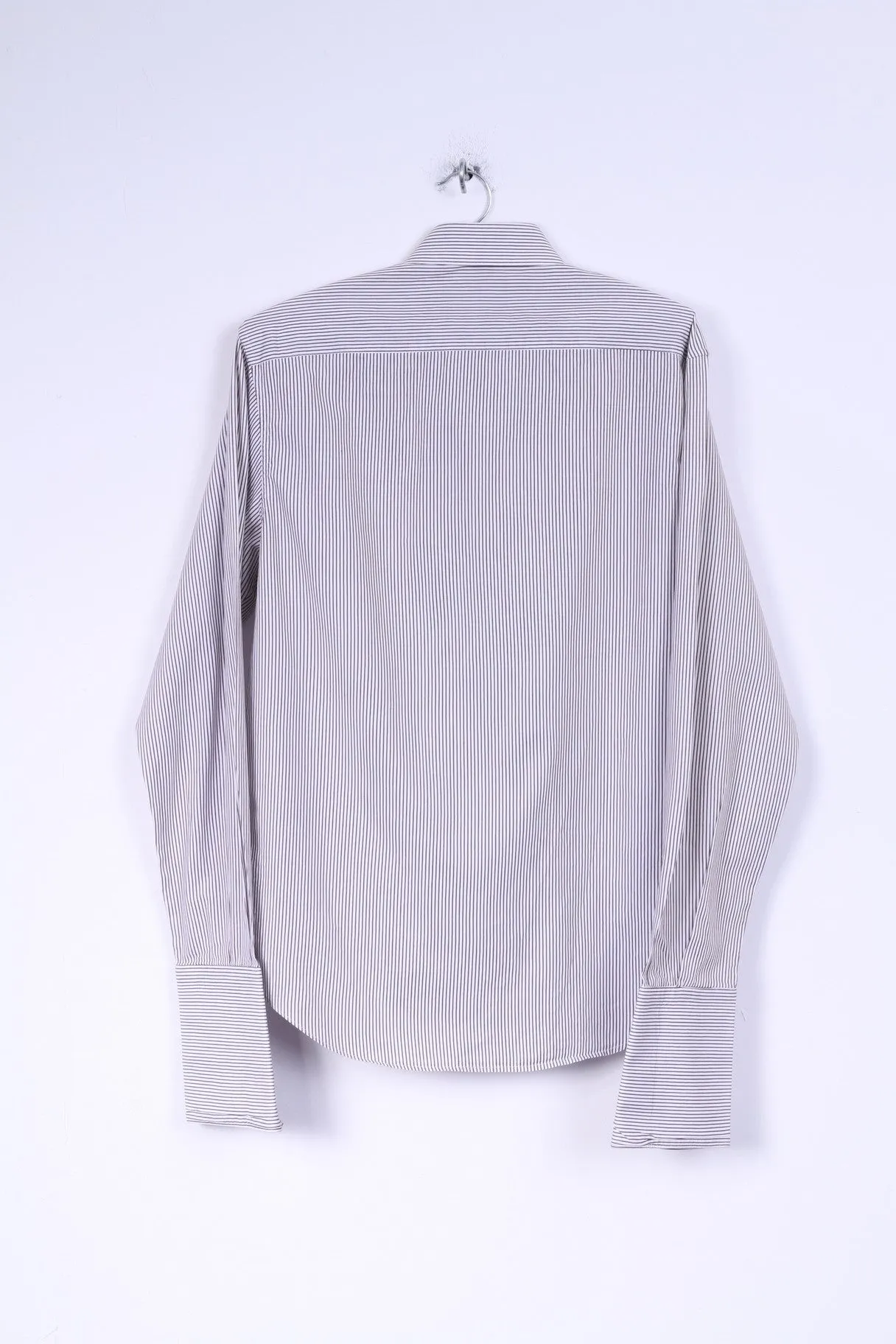Poggianti Mens 39 15.5 M Casual Shirt White Brown Striped Cotton Italy Detailed Buttons Long Sleeve