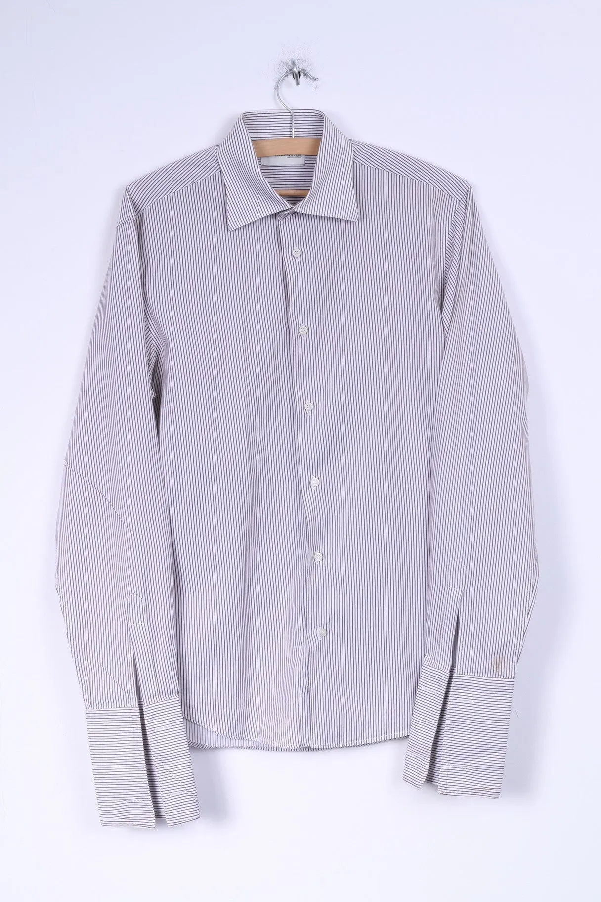 Poggianti Mens 39 15.5 M Casual Shirt White Brown Striped Cotton Italy Detailed Buttons Long Sleeve