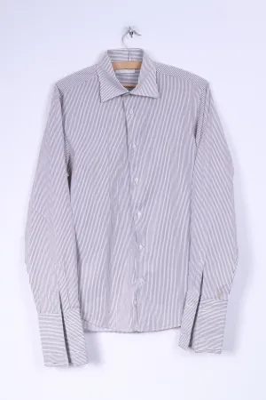 Poggianti Mens 39 15.5 M Casual Shirt White Brown Striped Cotton Italy Detailed Buttons Long Sleeve