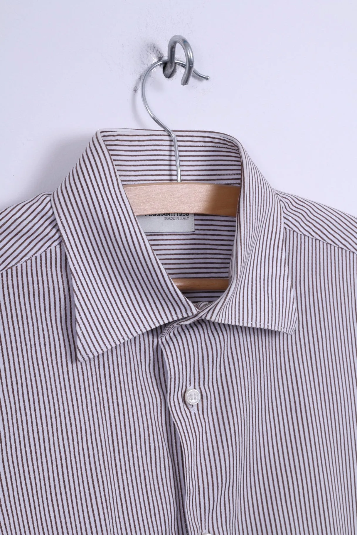 Poggianti Mens 39 15.5 M Casual Shirt White Brown Striped Cotton Italy Detailed Buttons Long Sleeve