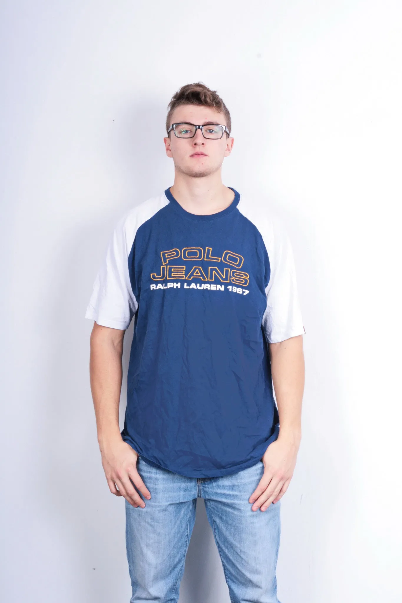 Polo Jeans Ralph Lauren Mens L T- Shirt Crew Neck Blue Logo Top