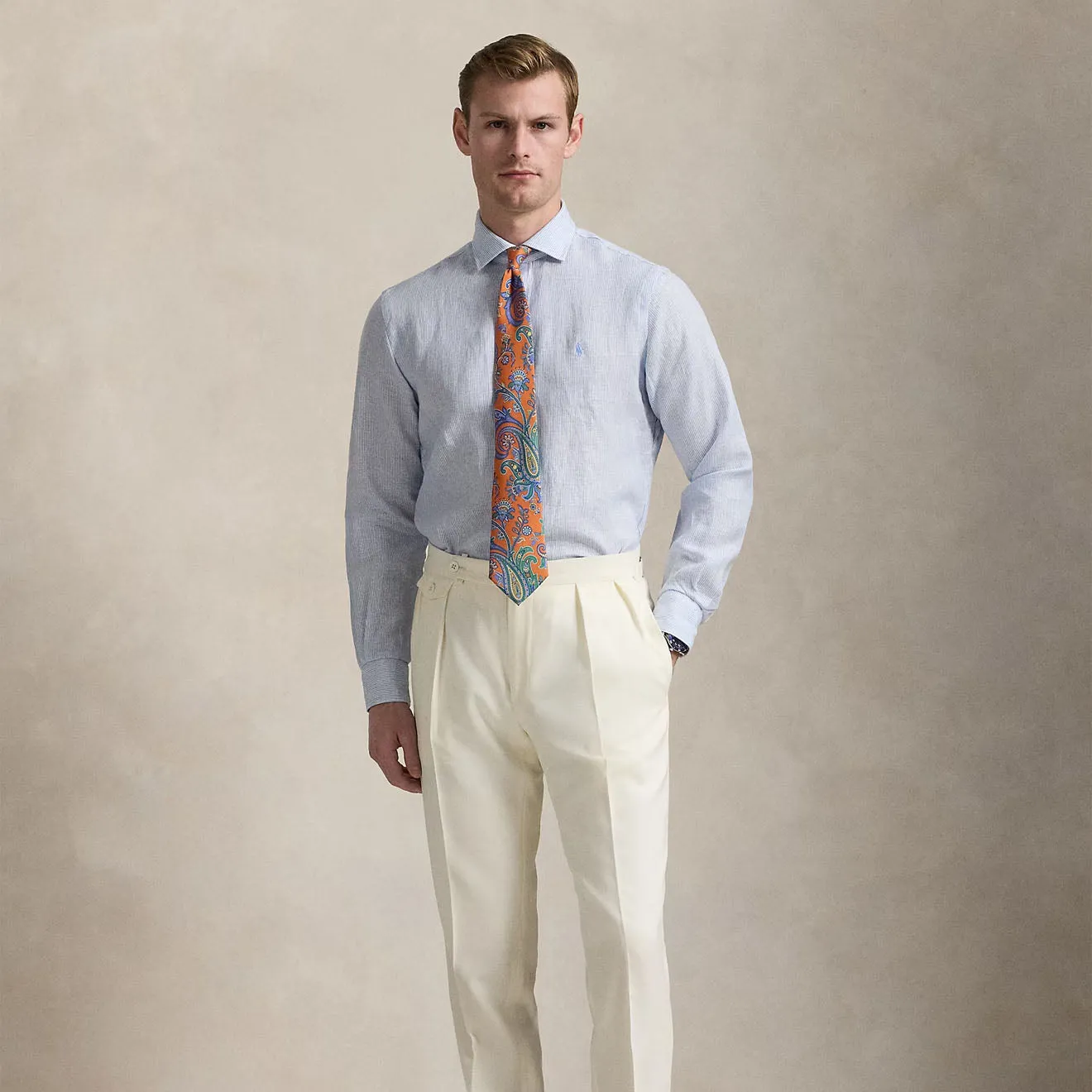 Polo Ralph Lauren Custom Fit Striped Linen Shirt Cabana Blue White