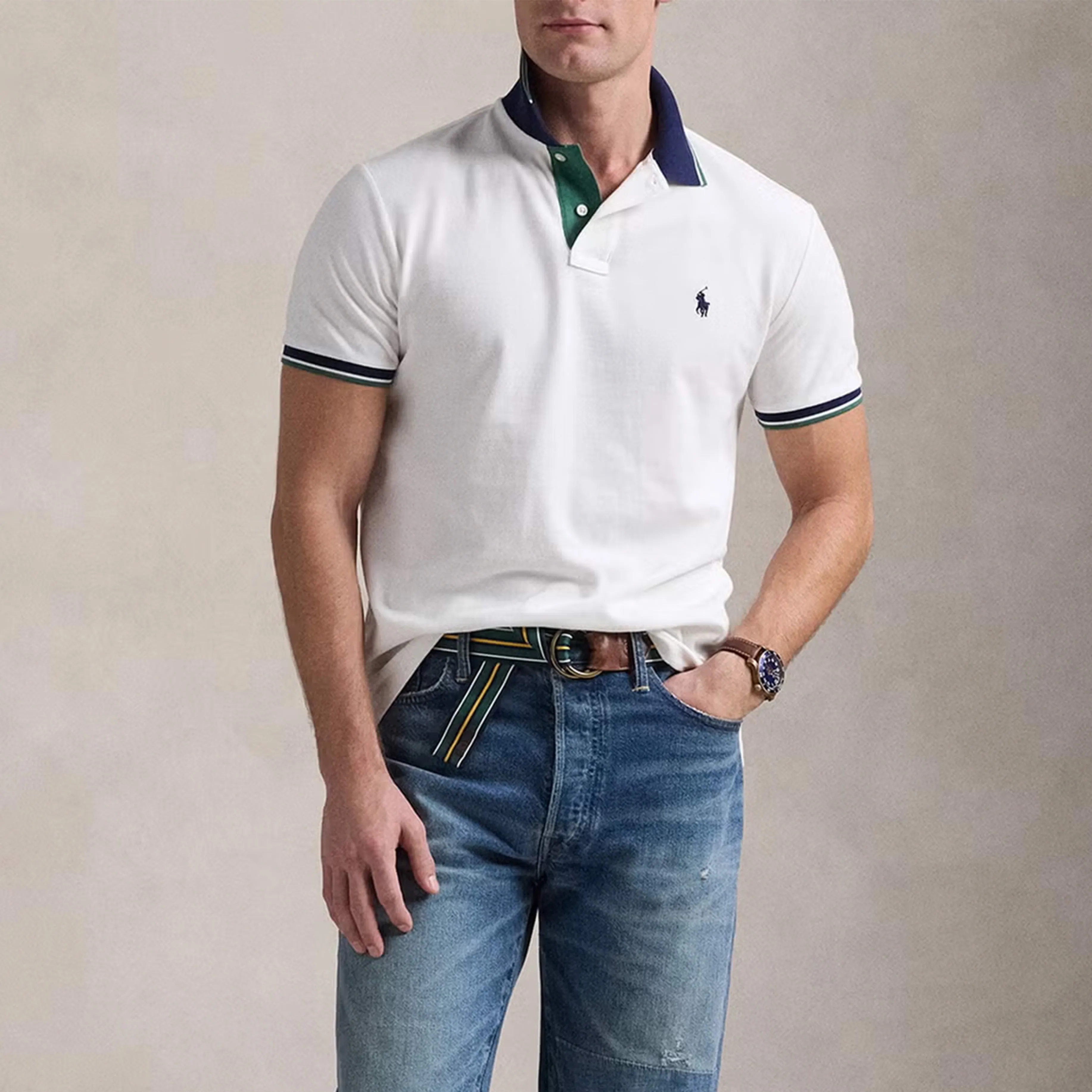Polo Ralph Lauren Custom Slim Fit Tipped Mesh Polo Shirt White / Antique Green