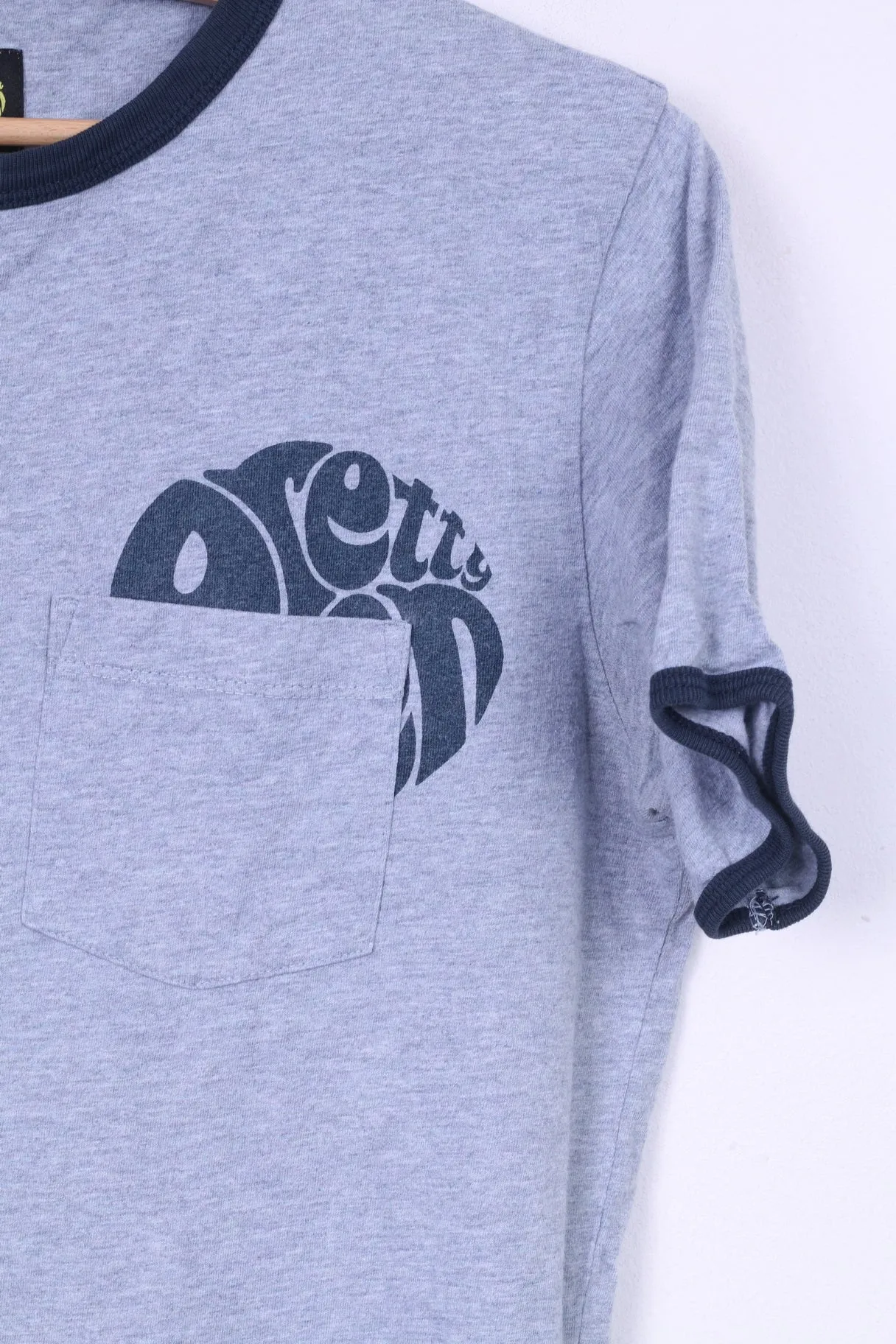 Pretty Green Mens S T-Shirt Grey Crew Neck Pocket Summer Top Cotton