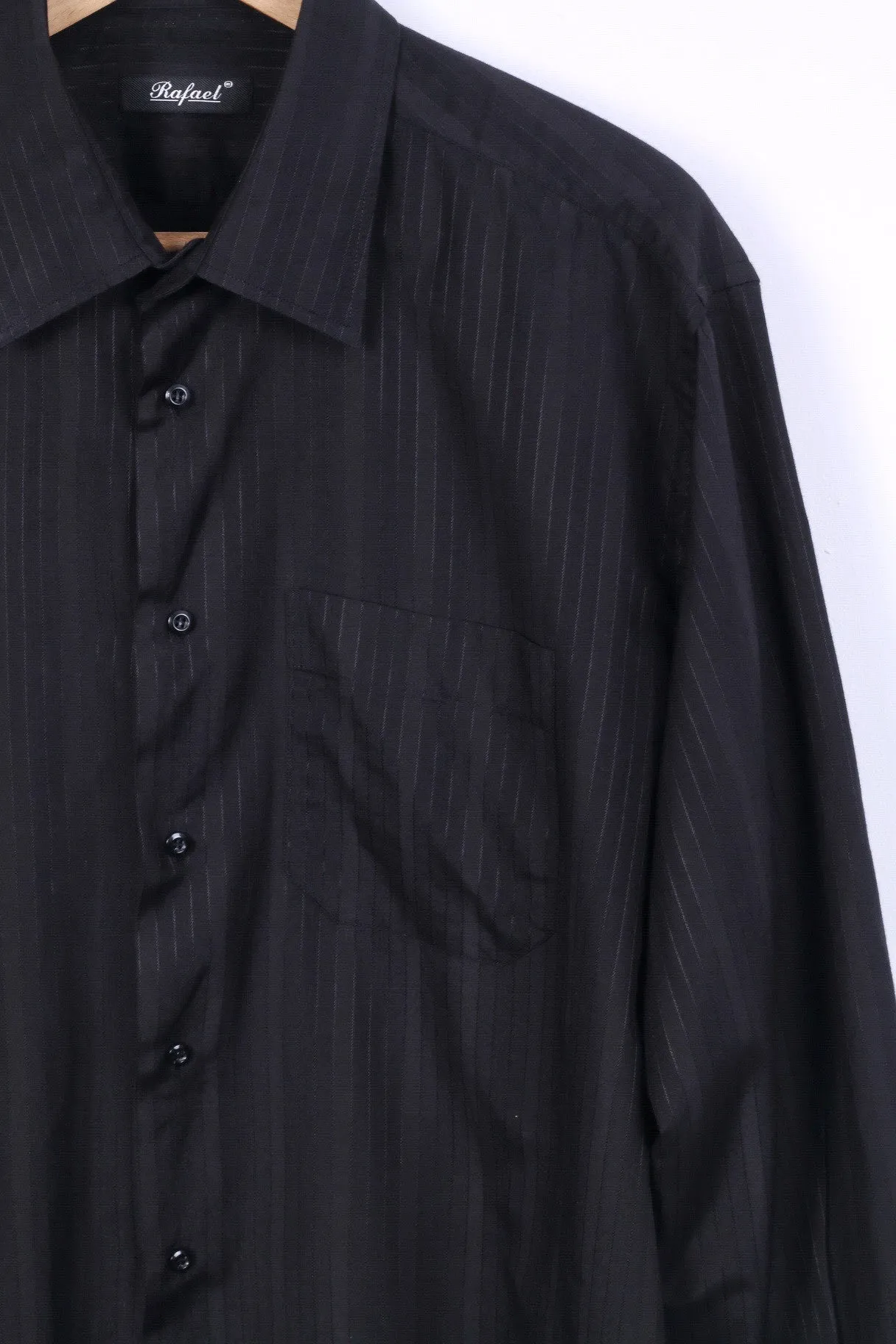 Rafael Mens 44 XL Casual Shirt Black Striped Cotton Long Sleeve