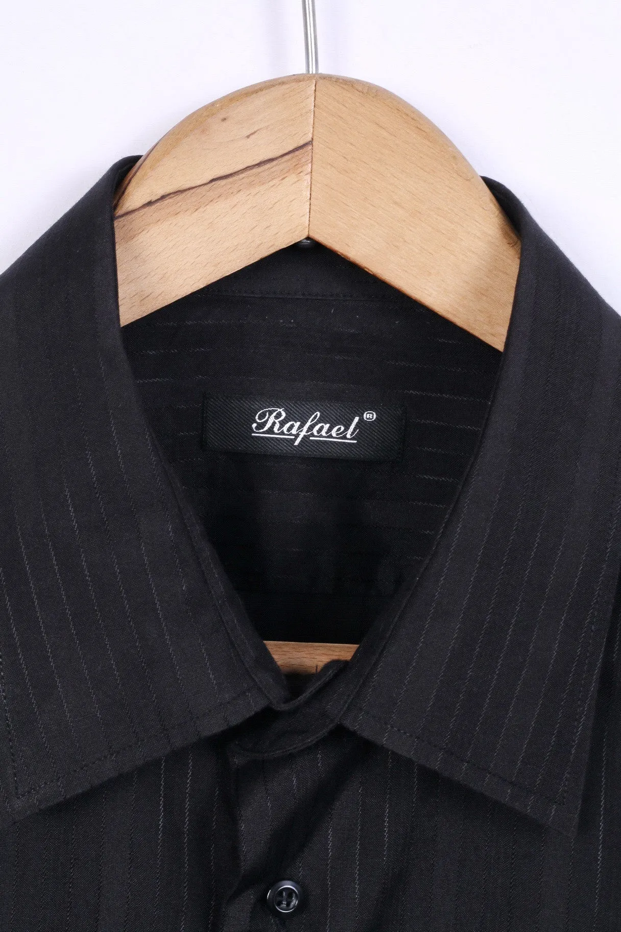 Rafael Mens 44 XL Casual Shirt Black Striped Cotton Long Sleeve