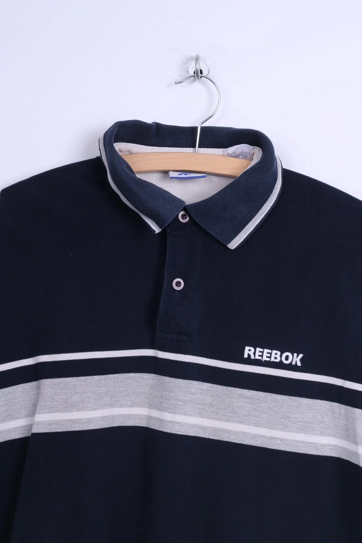 Reebok Mens L Polo Shirt Navy Cotton Vintage Striped