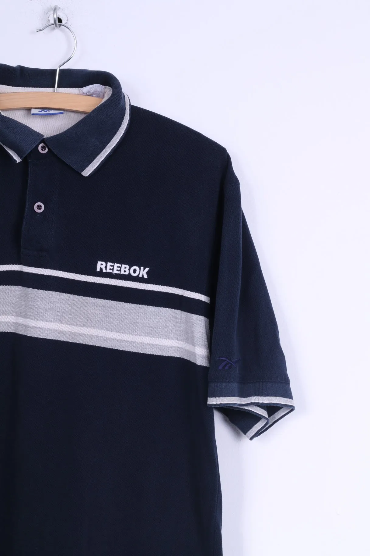 Reebok Mens L Polo Shirt Navy Cotton Vintage Striped