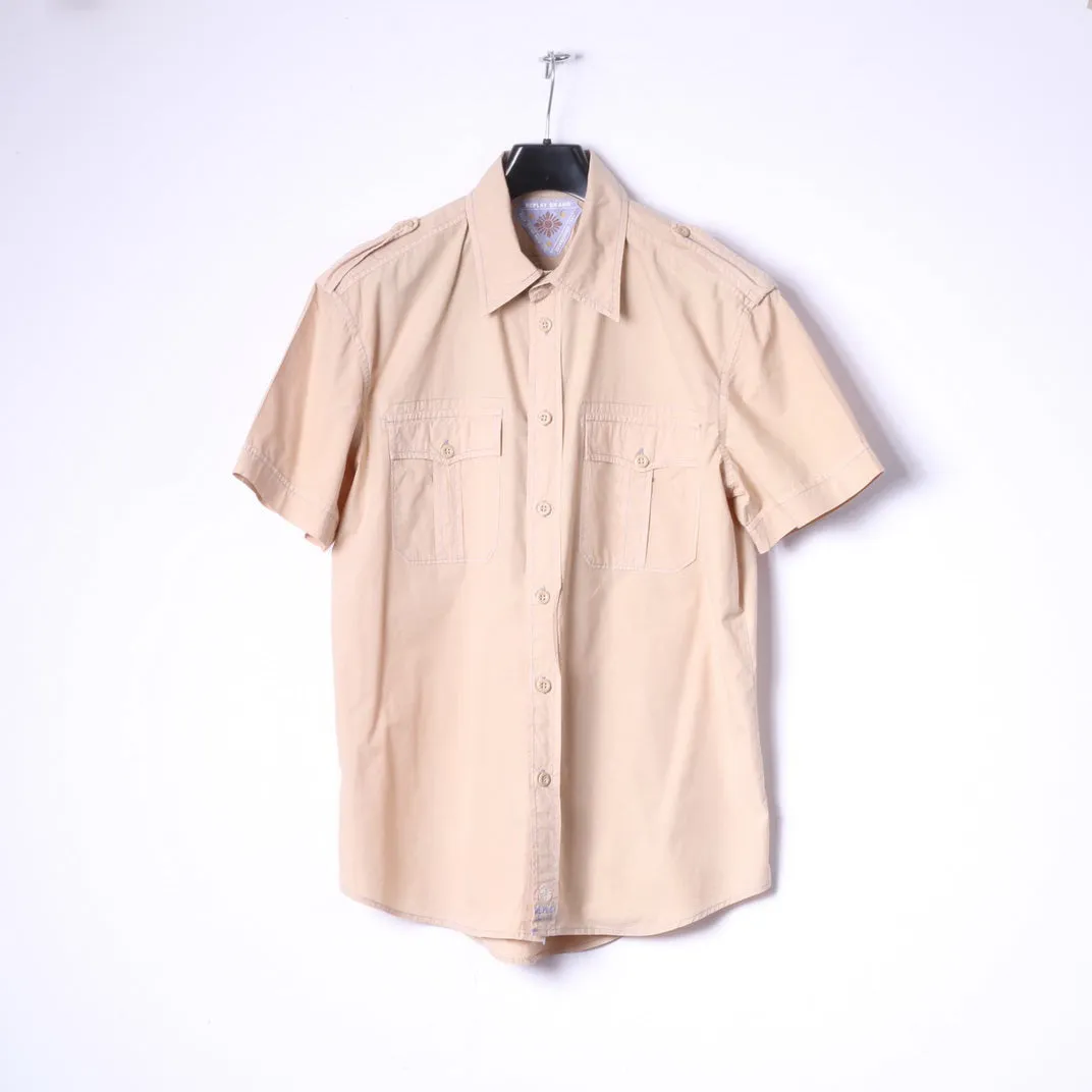 Replay Brand Blue Jeans Mens XL Casual Shirt Beige Cotton Embroidered Short Sleeve Top