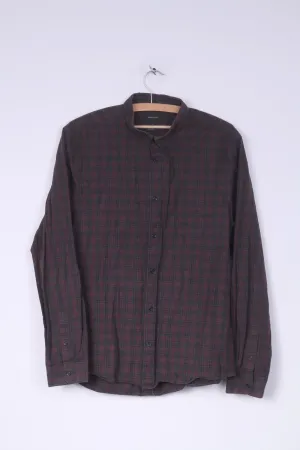 River Island Mens L Casual Shirt Button Down Collar Check Maroon Slim Fit