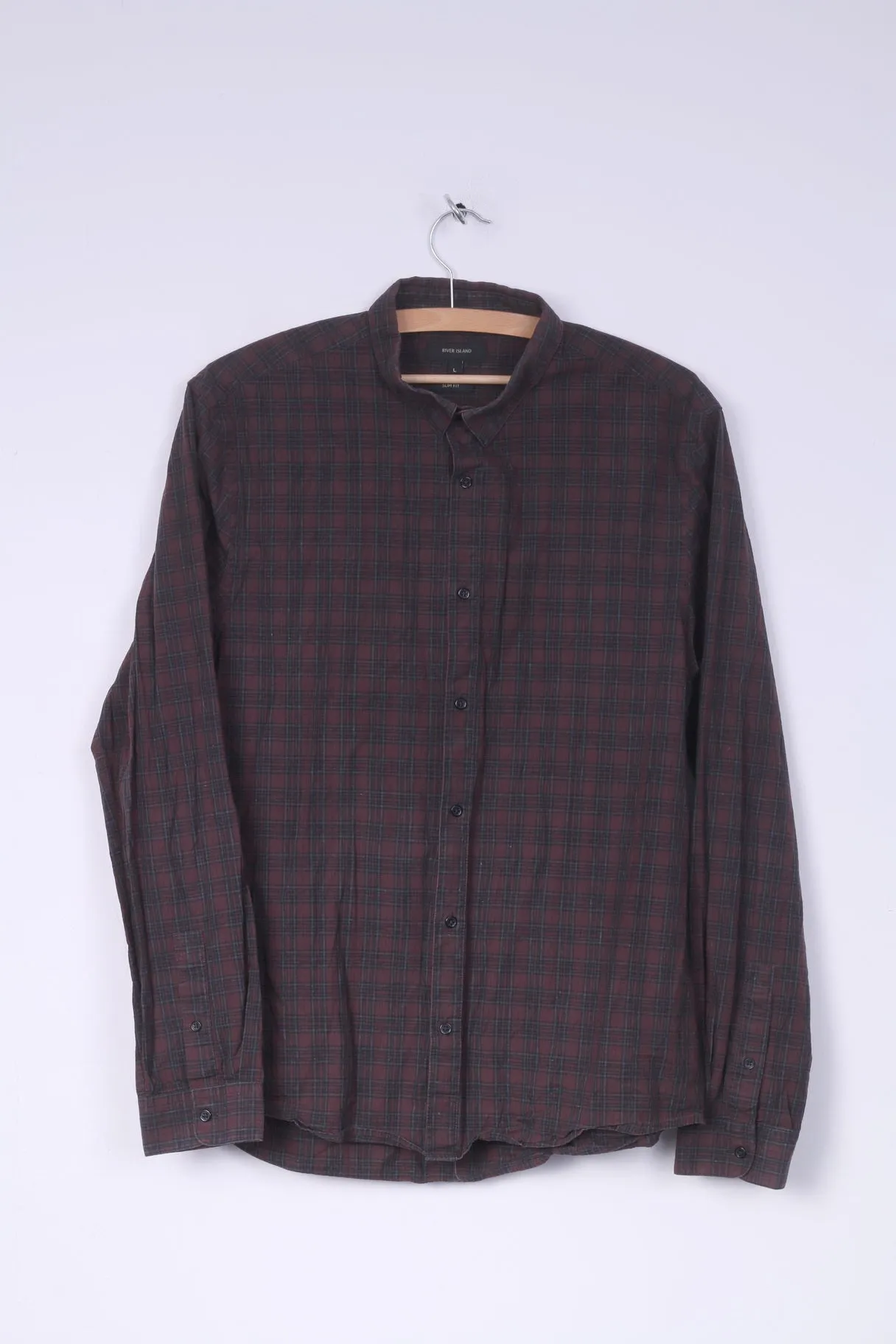 River Island Mens L Casual Shirt Button Down Collar Check Maroon Slim Fit