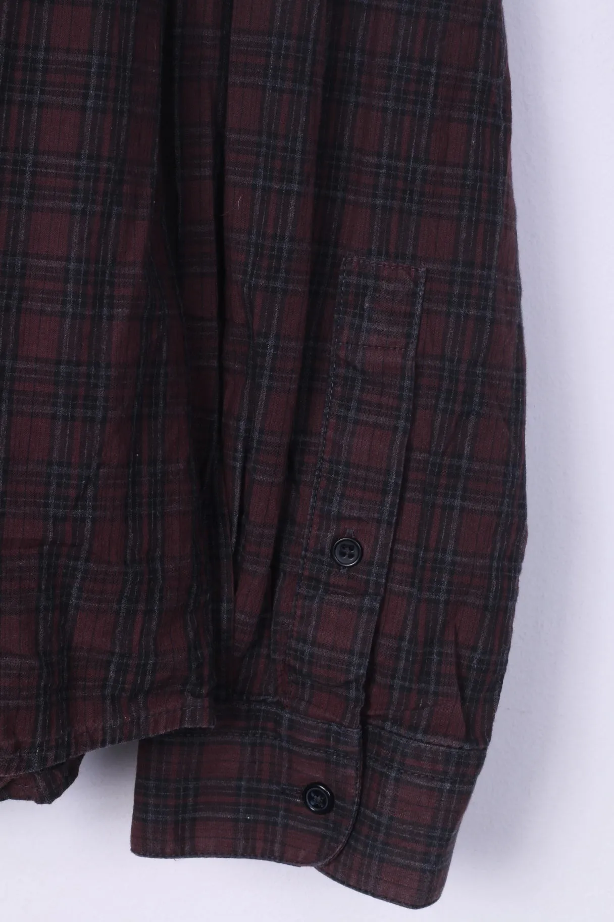 River Island Mens L Casual Shirt Button Down Collar Check Maroon Slim Fit