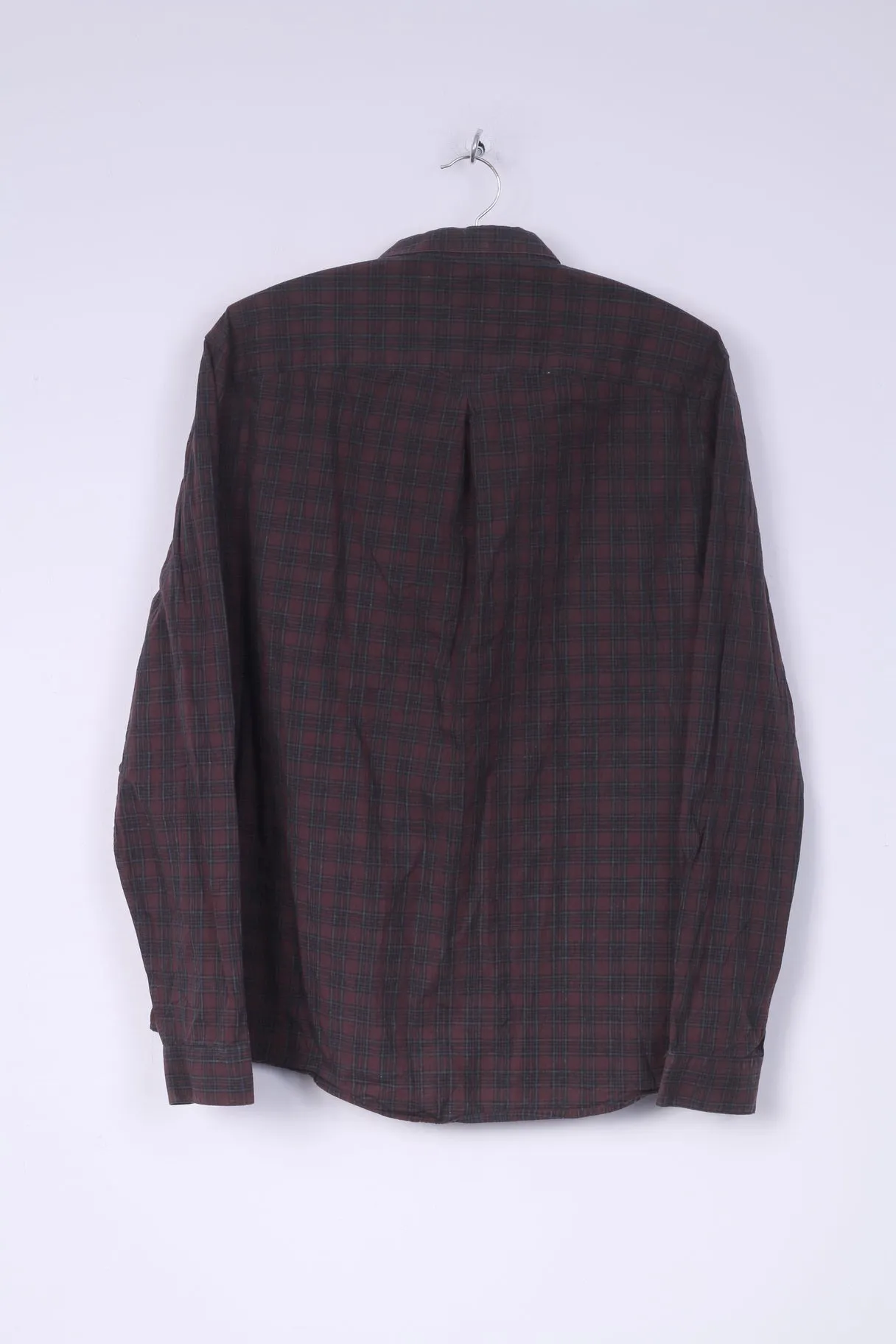 River Island Mens L Casual Shirt Button Down Collar Check Maroon Slim Fit