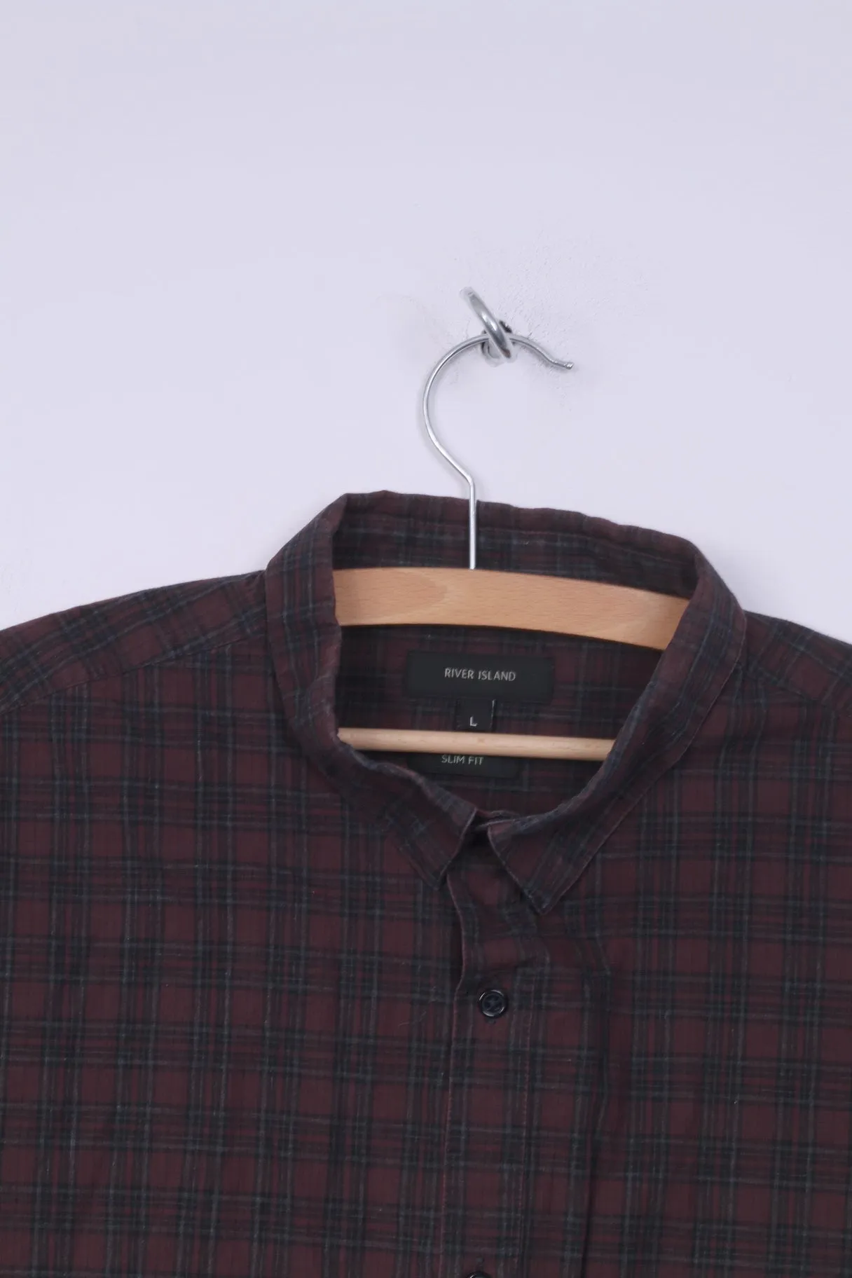 River Island Mens L Casual Shirt Button Down Collar Check Maroon Slim Fit