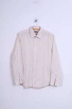River Island Mens M Casual Shirt Striped Cream Beige Cotton Slim Fit