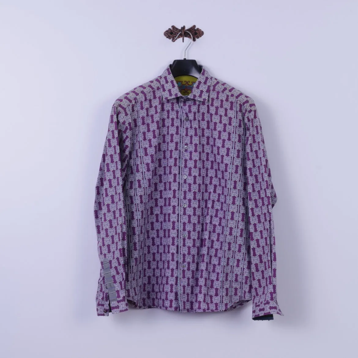 Robert Graham Mens XL Casual Shirt Purple Cotton Trim Silk Long Sleeve Classic Fit