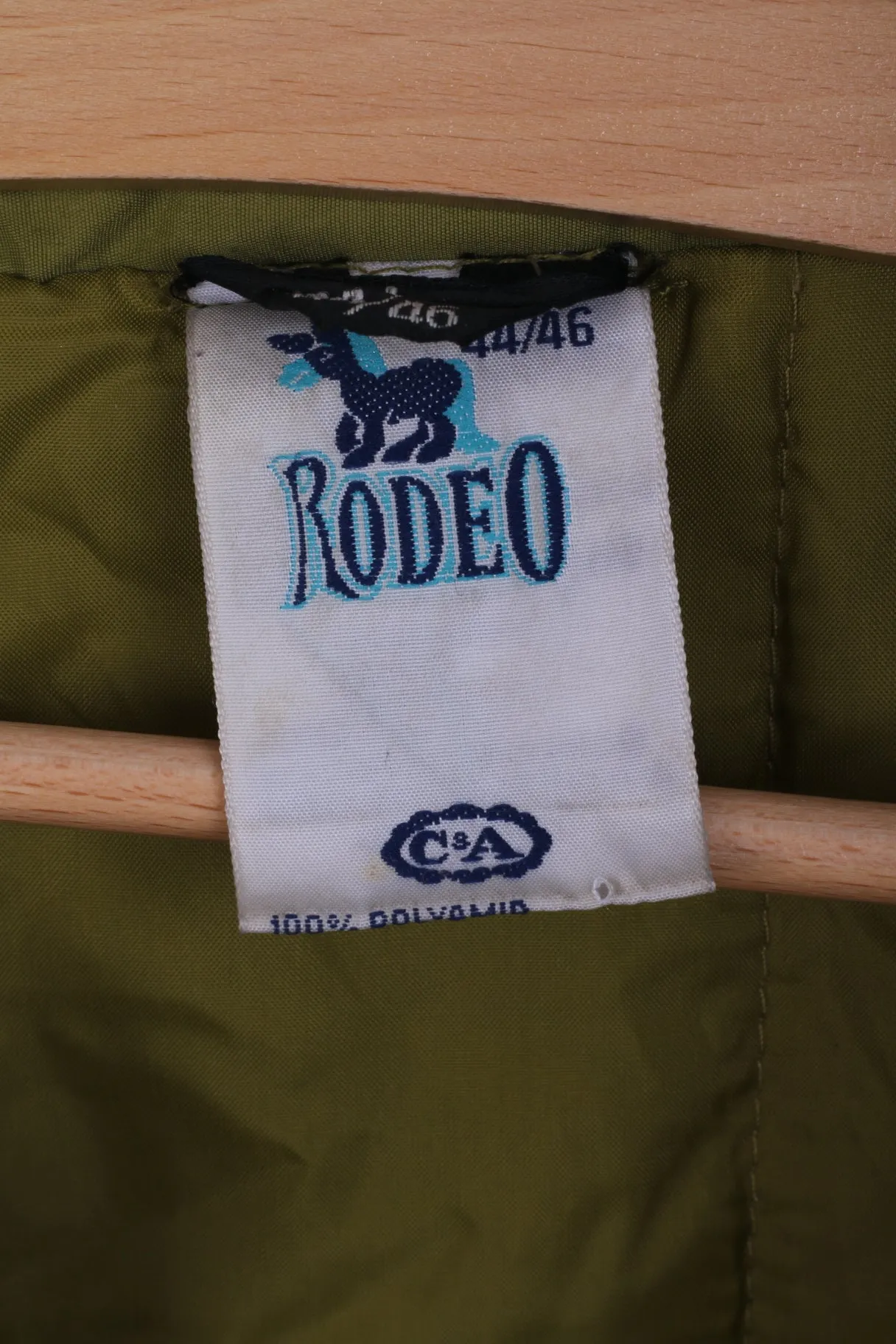 Rodeo C&A Mens 44/46 S Jacket Vintage Shoulder Pads Hidden Hood Nylon Olive