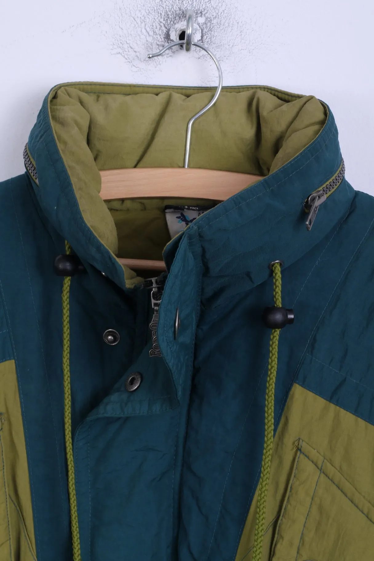 Rodeo C&A Mens 44/46 S Jacket Vintage Shoulder Pads Hidden Hood Nylon Olive