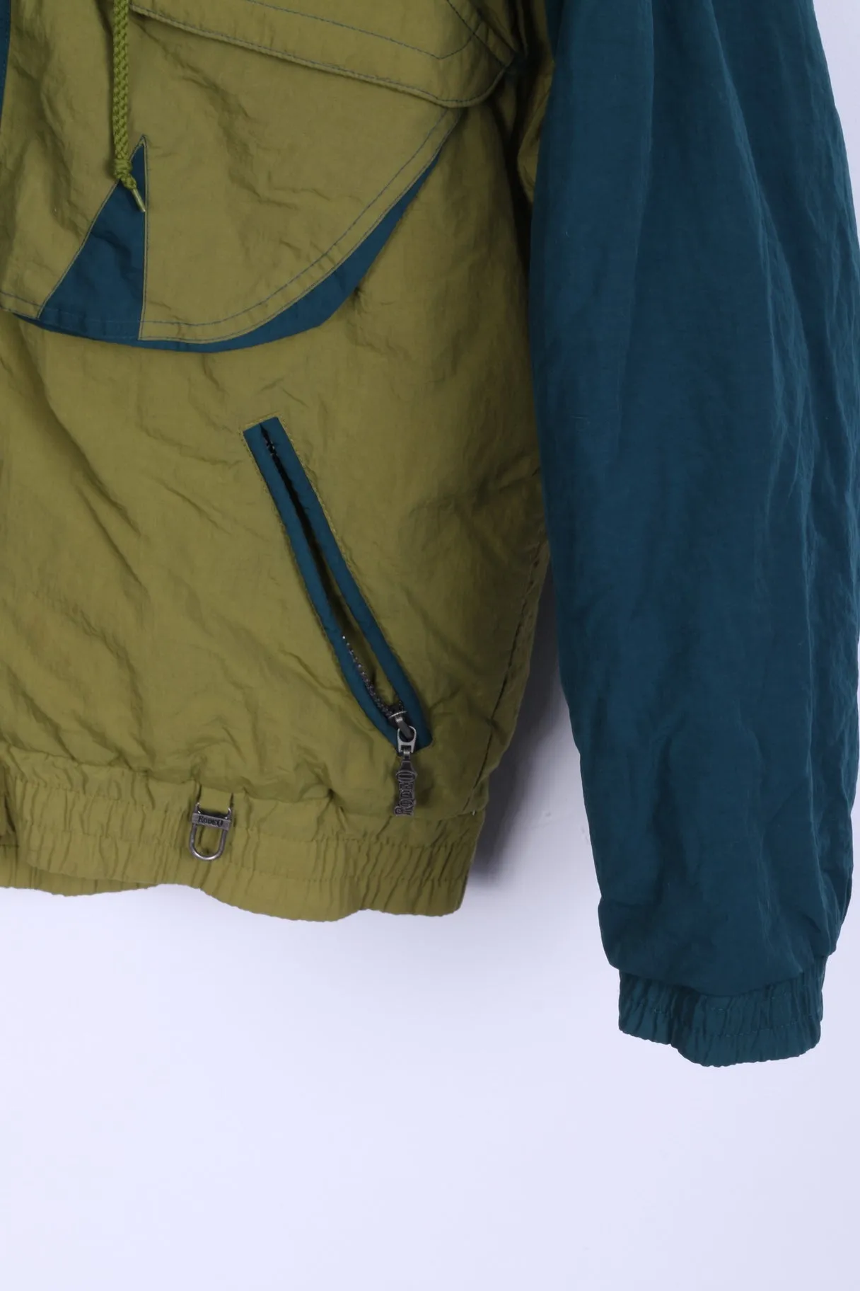 Rodeo C&A Mens 44/46 S Jacket Vintage Shoulder Pads Hidden Hood Nylon Olive