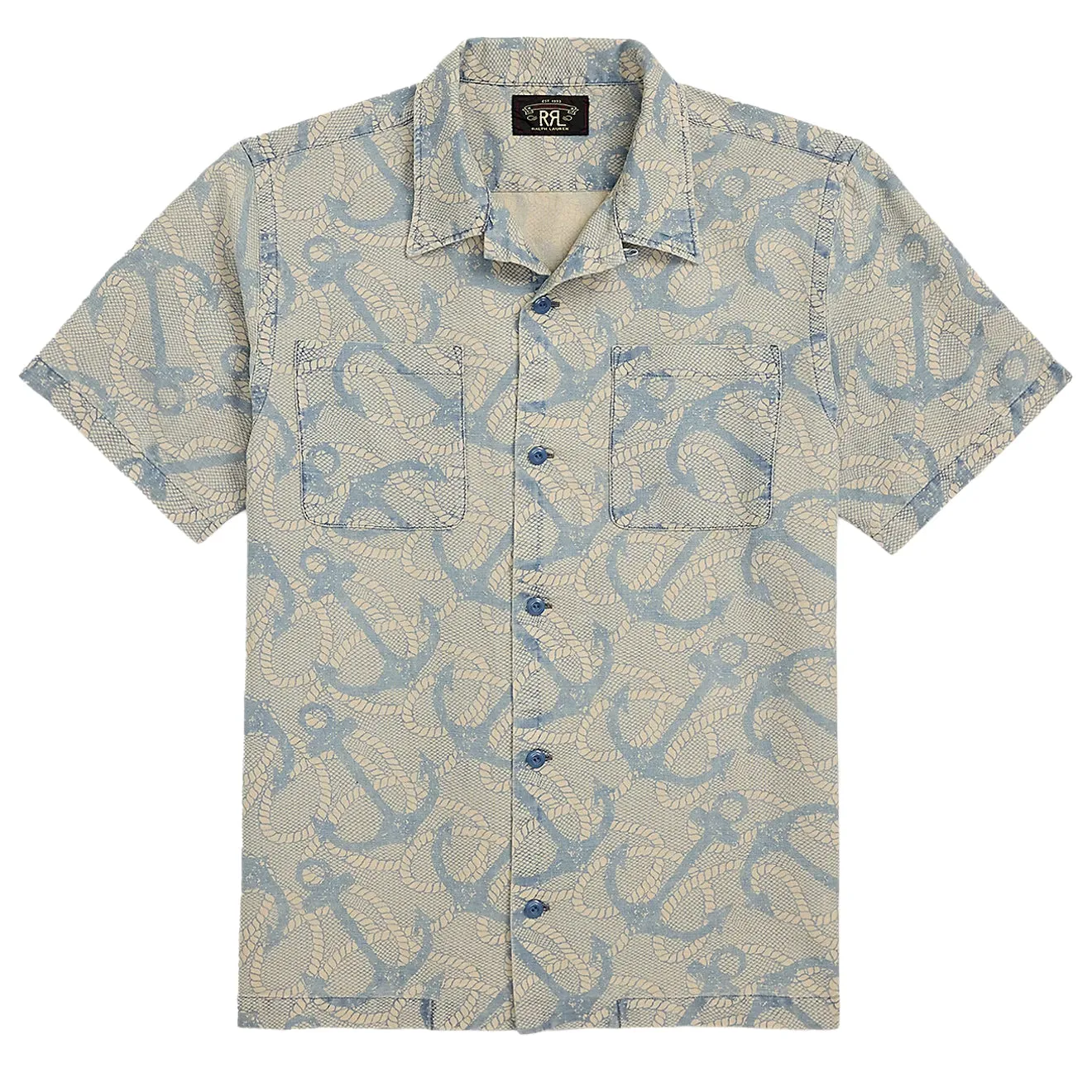 RRL By Ralph Lauren 2 Pocket Camp Short Sleeve Sport Shirt Indigo / Cream Multi