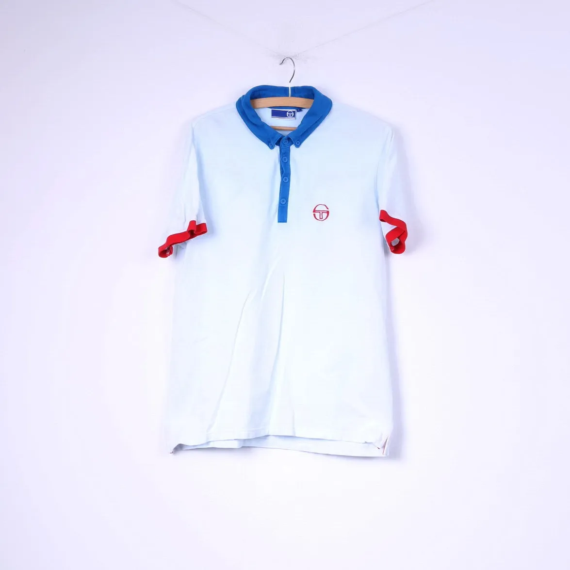 Sergio Tacchini Mens L Polo Shirt Light Blue Short Sleeve Top Button Down Collar