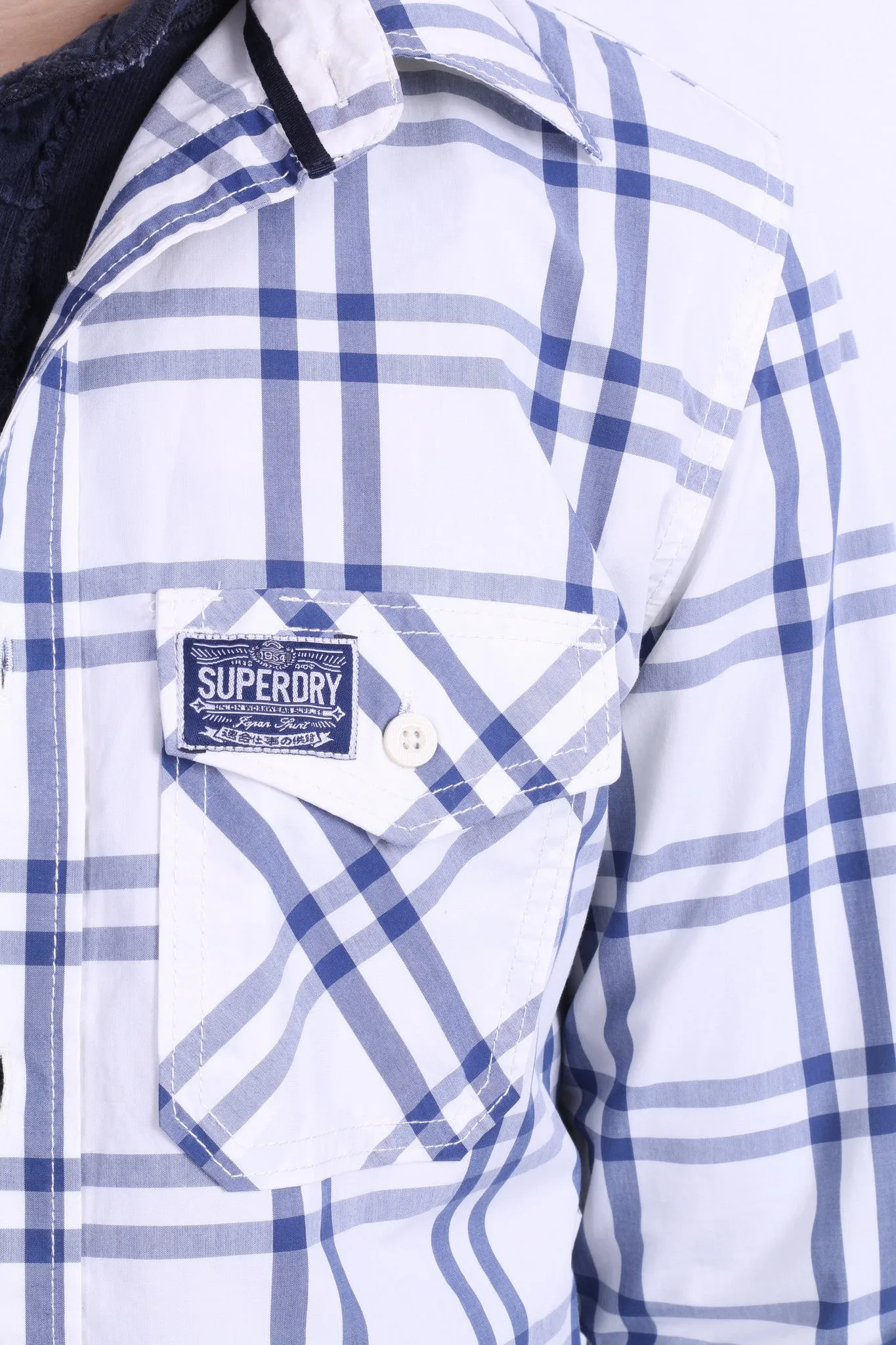 Superdry Mens L Casual Shirt White Check Cotton Long Sleeve