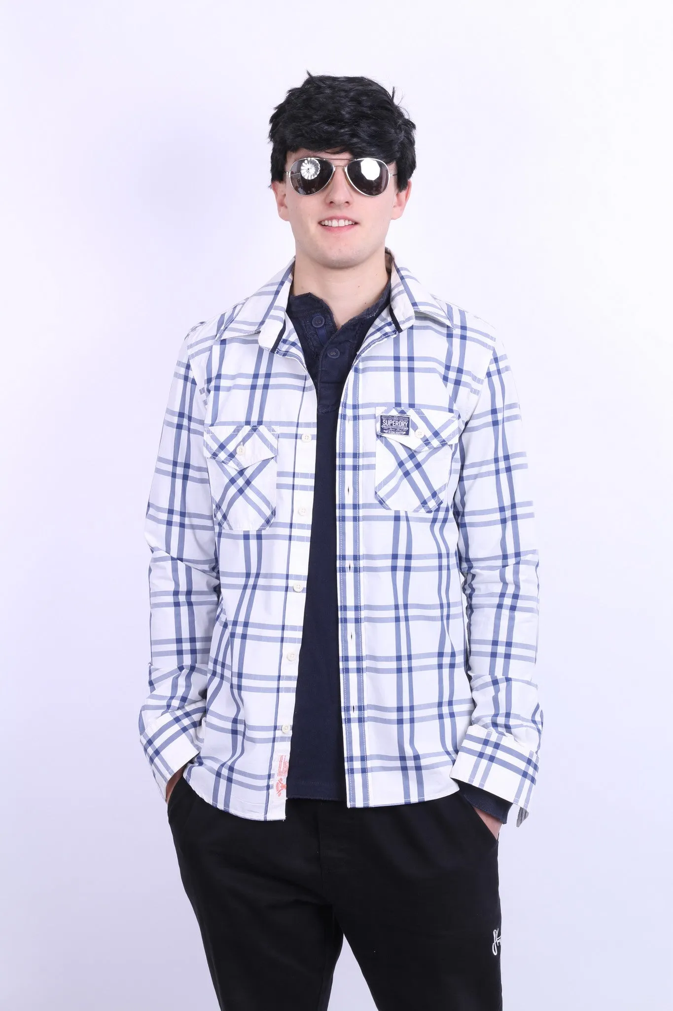 Superdry Mens L Casual Shirt White Check Cotton Long Sleeve