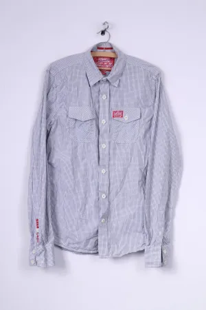 Superdry Mens L Casual Shirt White Check Long Sleeve Cotton Top
