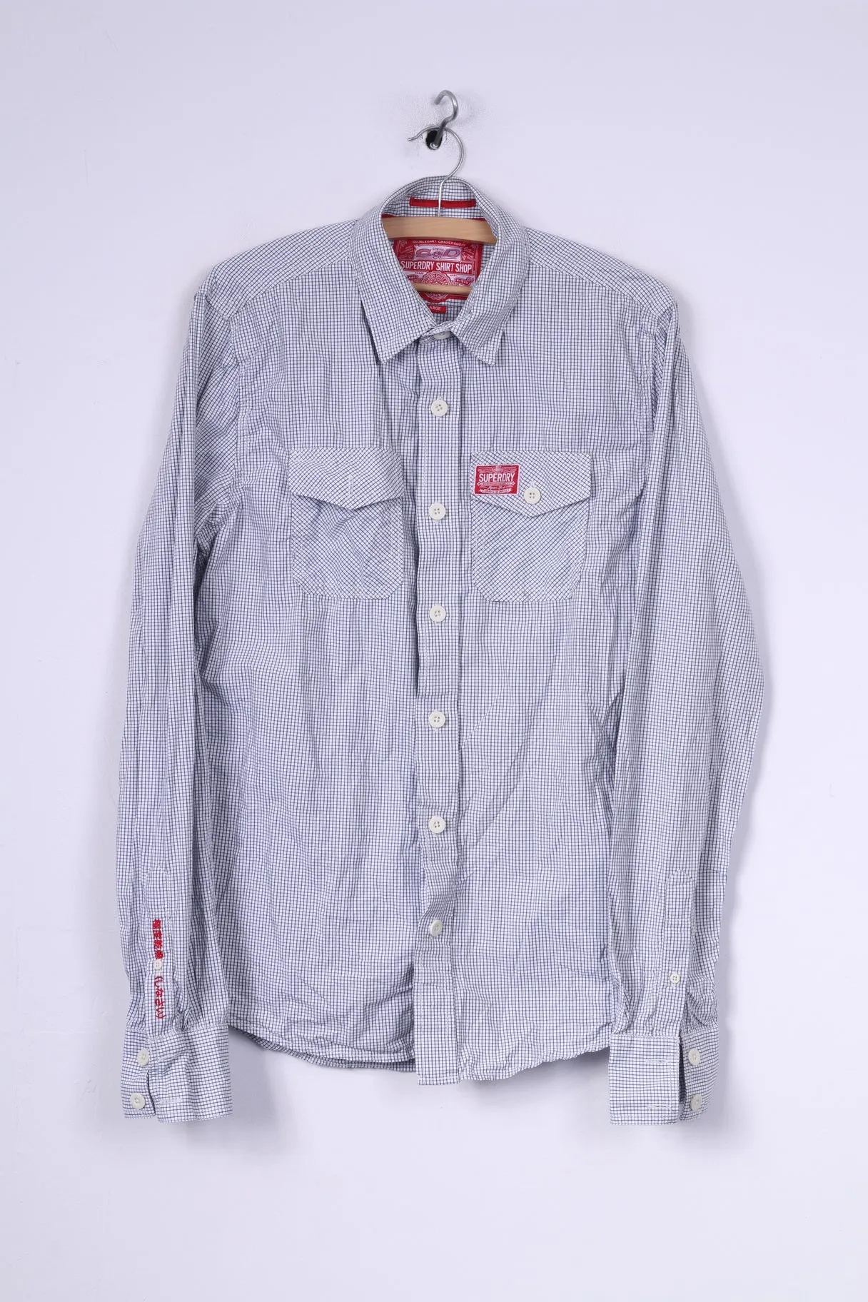 Superdry Mens L Casual Shirt White Check Long Sleeve Cotton Top
