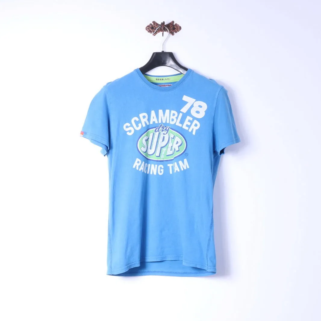 Superdry Mens M T-Shirt Blue Cotton Graphic Scrambler Racing Team Top