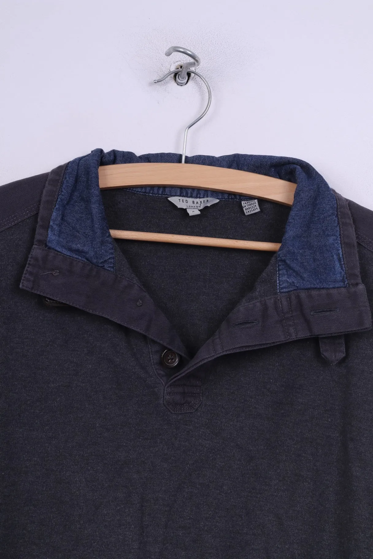 Ted Baker Mens London 4 M Jumper Dark Grey Patch Cotton Stand-Up Collar