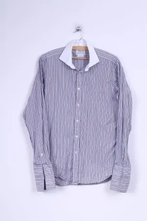 T.M. Lewin Mens 15.5 34.5 M Casual Shirt Blue Striped Cotton Cuffs Slim Fit