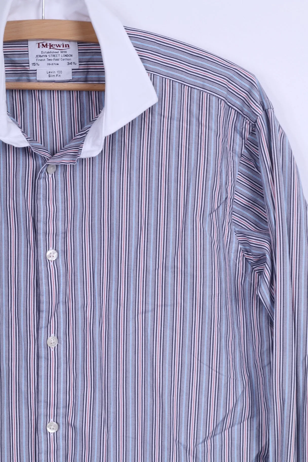 T.M. Lewin Mens 15.5 34.5 M Casual Shirt Blue Striped Cotton Cuffs Slim Fit