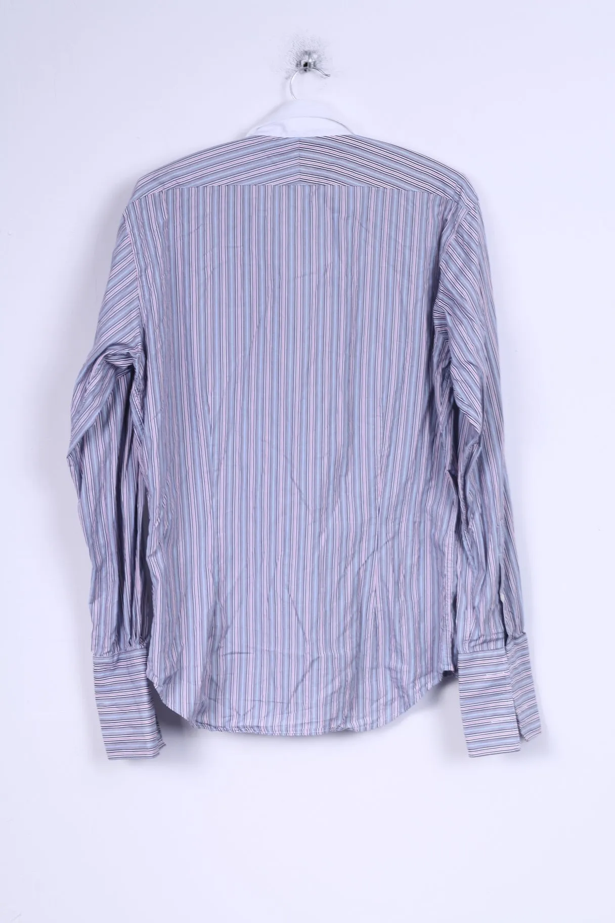 T.M. Lewin Mens 15.5 34.5 M Casual Shirt Blue Striped Cotton Cuffs Slim Fit