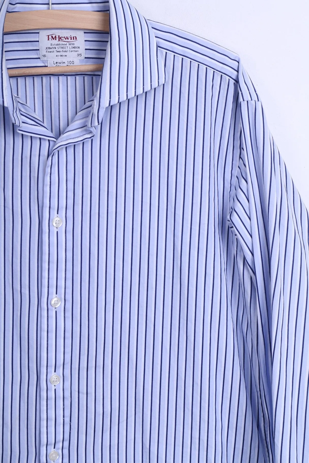 T.M. Lewin Mens 16/35 L Casual Shirt Striped Blue Slim Fit Cotton