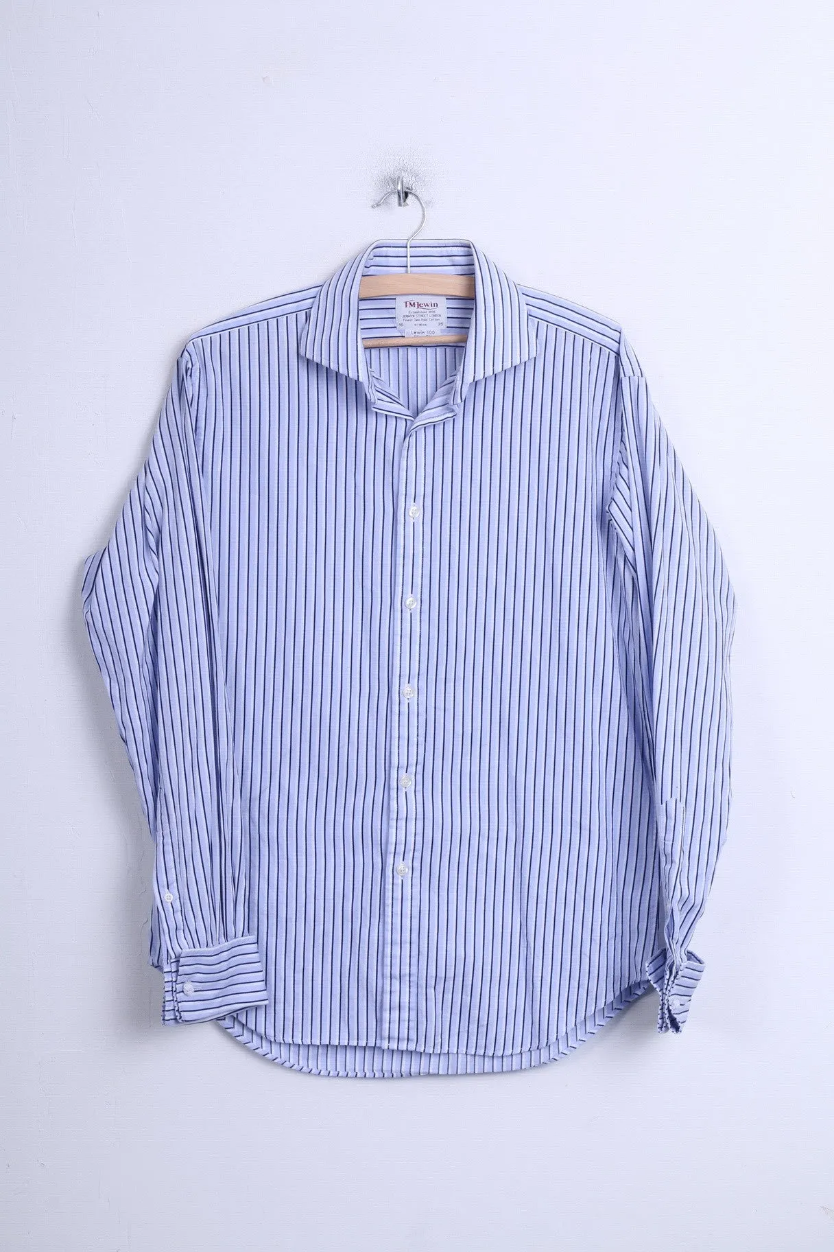 T.M. Lewin Mens 16/35 L Casual Shirt Striped Blue Slim Fit Cotton