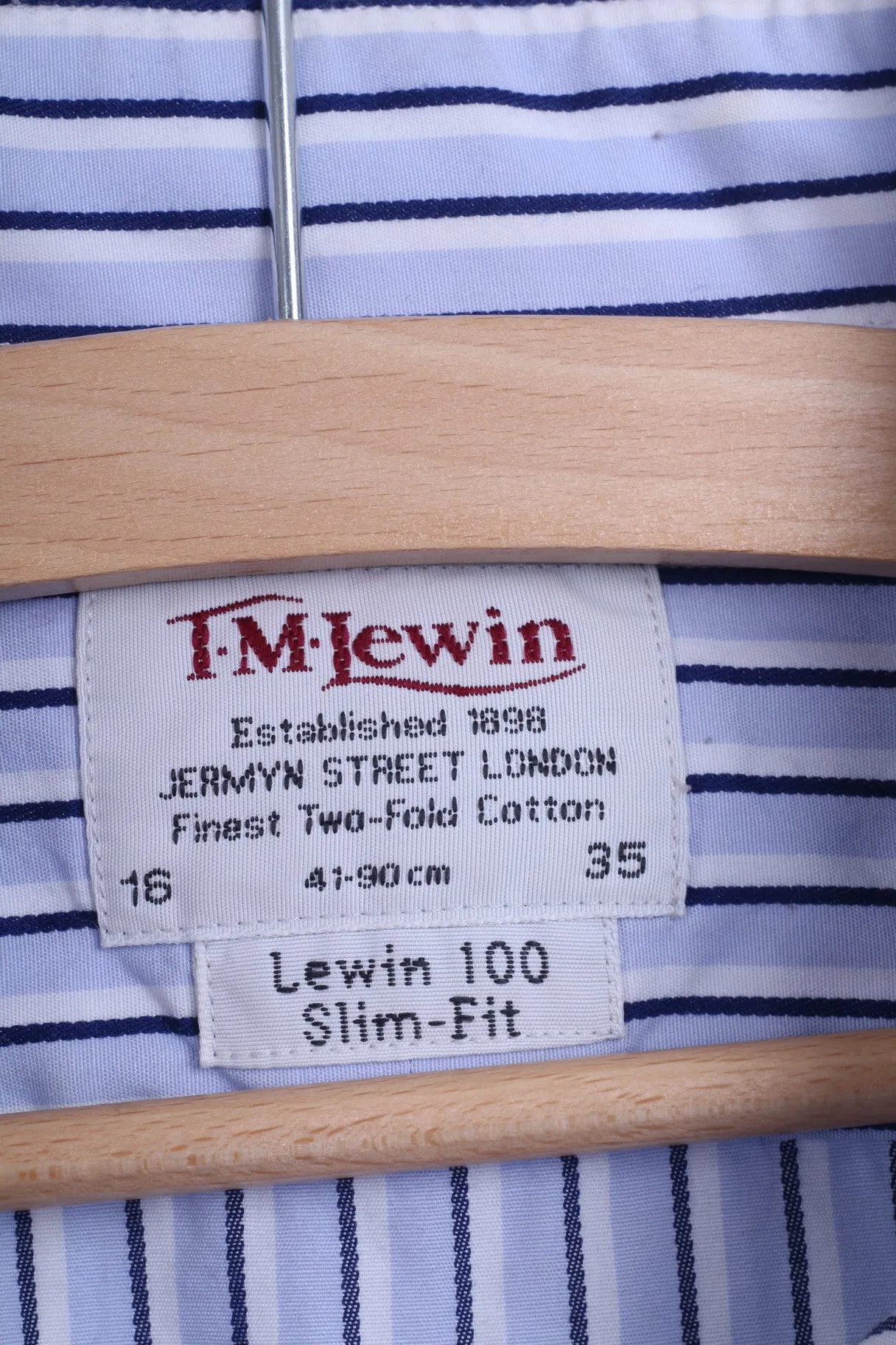 T.M. Lewin Mens 16/35 L Casual Shirt Striped Blue Slim Fit Cotton