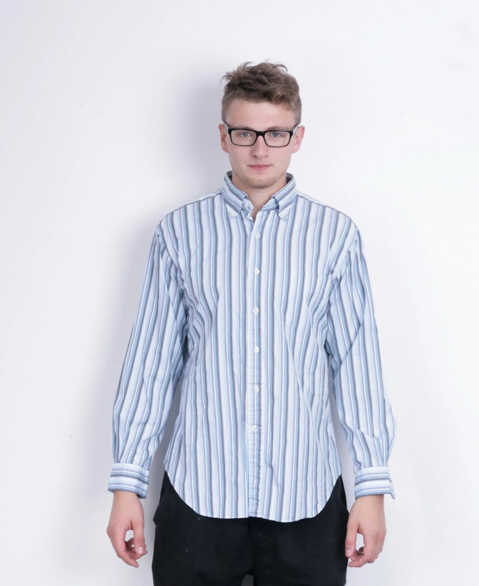 T.M. Lewin Mens L Casual Shirt Striped Blue Classic Fit Cotton