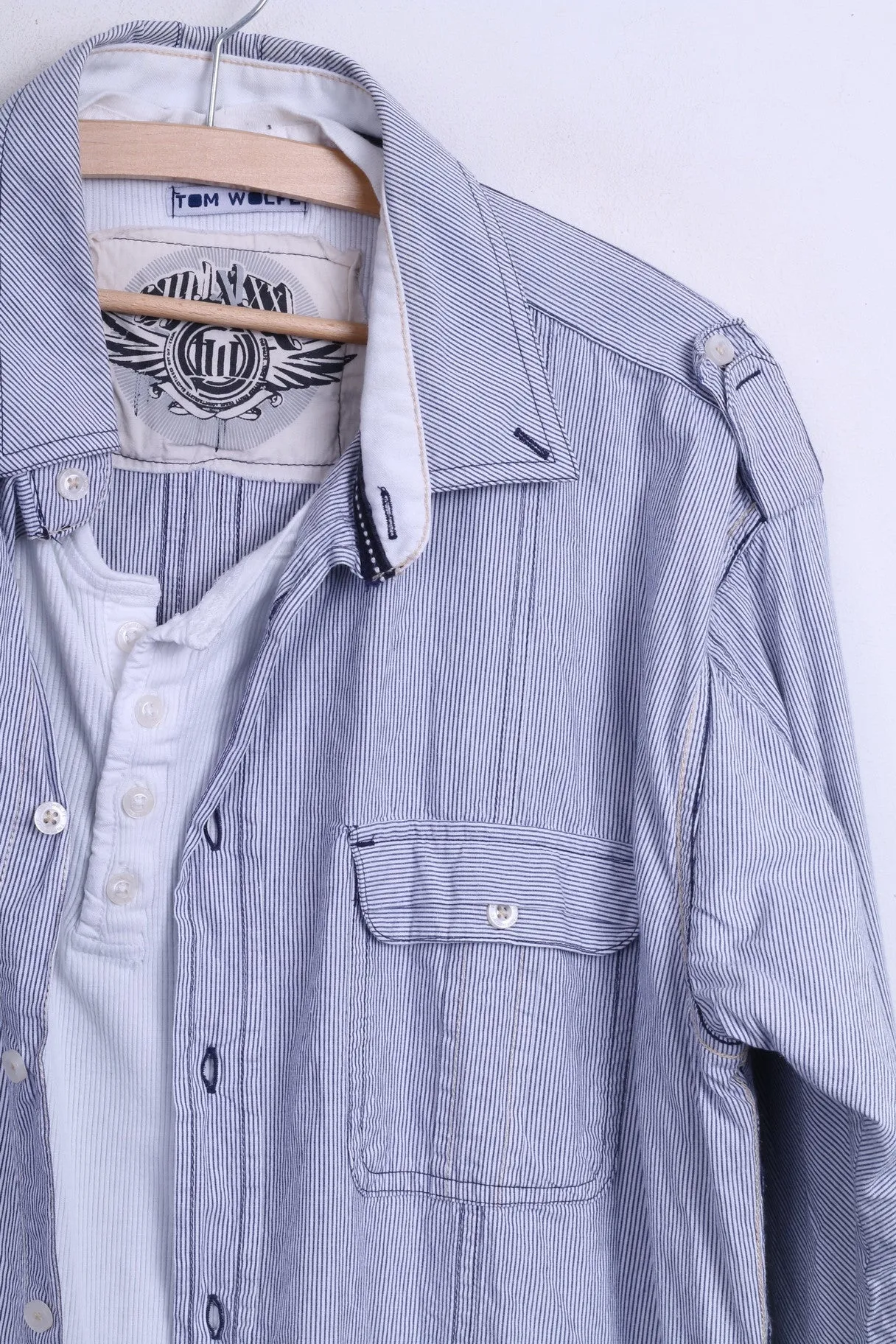 TOM WOLFE Mens XL Casual Shirt Striped Cotton Standard Collar White