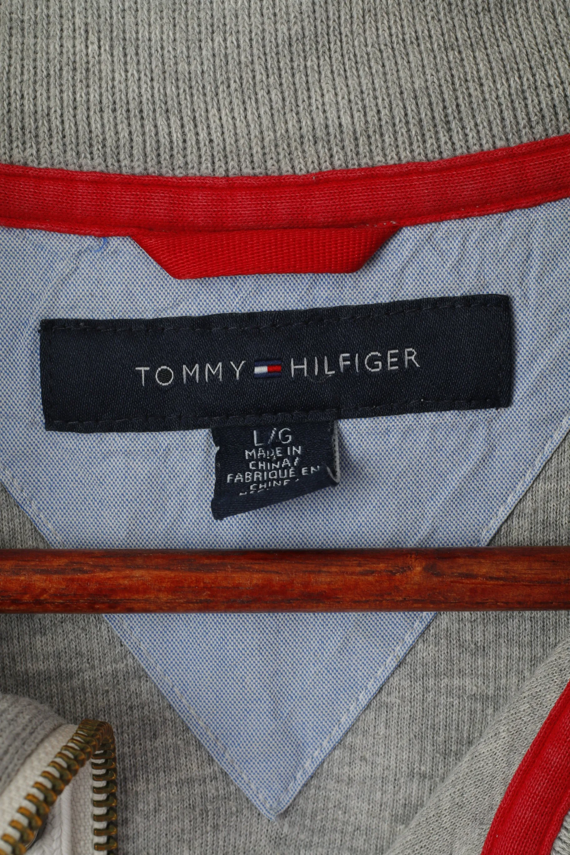 Tommy Hilfiger Men L Sweatshirt Gray Cotton Zip Neck Striped Stretch Plain Top