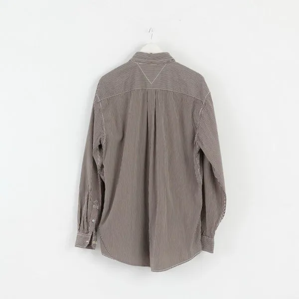 Tommy Hilfiger Mens XL (2XL) Casual Shirt Brown Striped 80' Two Ply Cotton Long Sleeve Top
