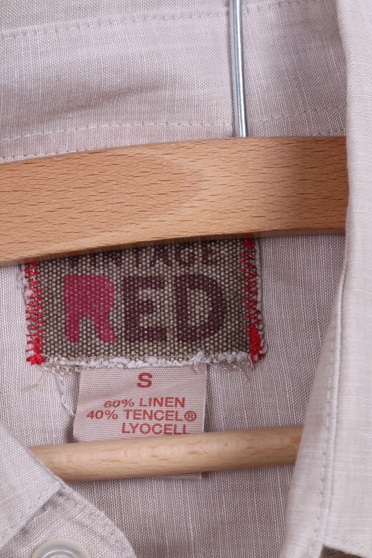 Vintage RED Mens S Casual Shirt Beige Linen Short Sleeve
